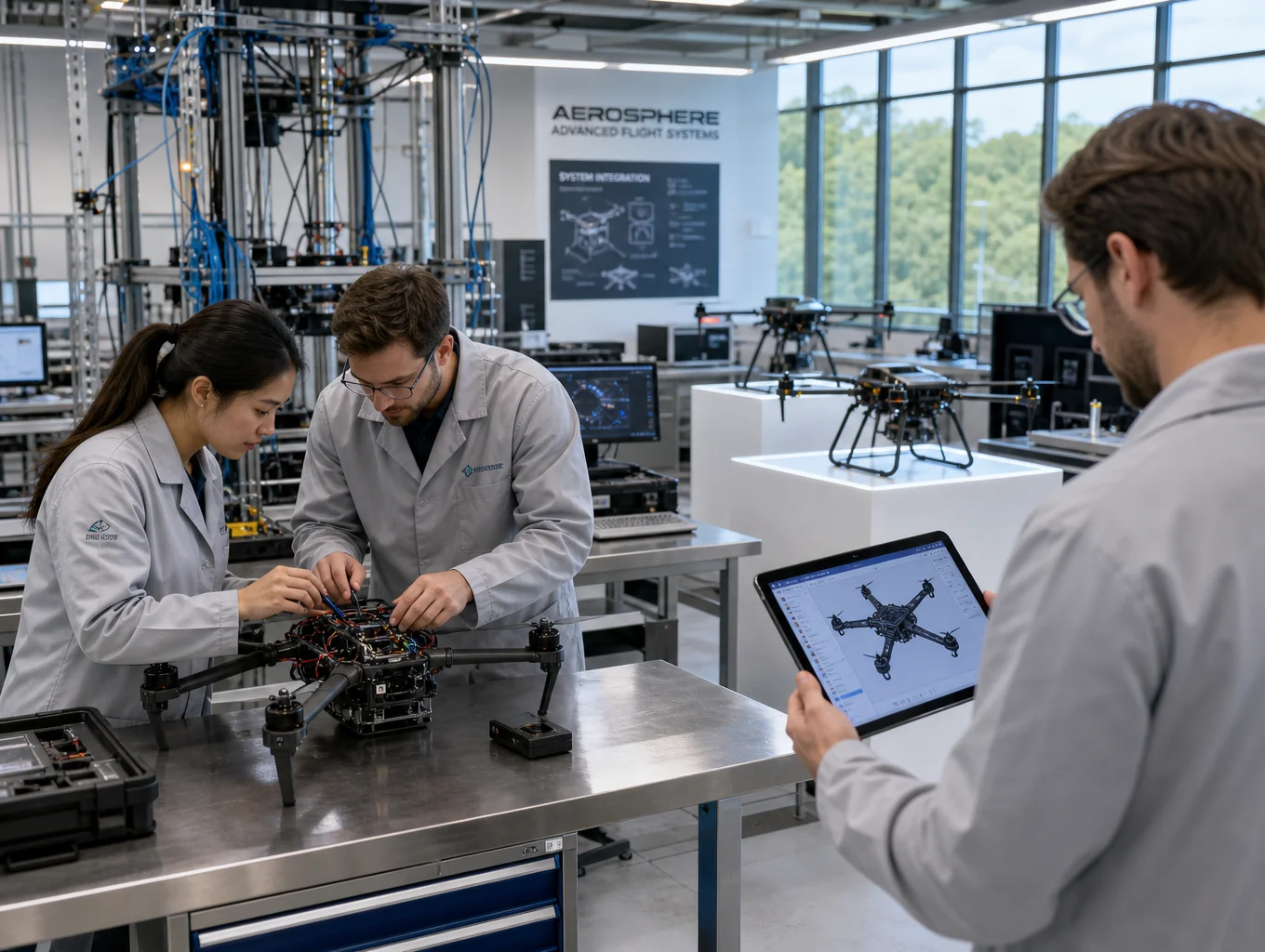 Drone rotor testing in a specialized engineering hangar with obstacle markers