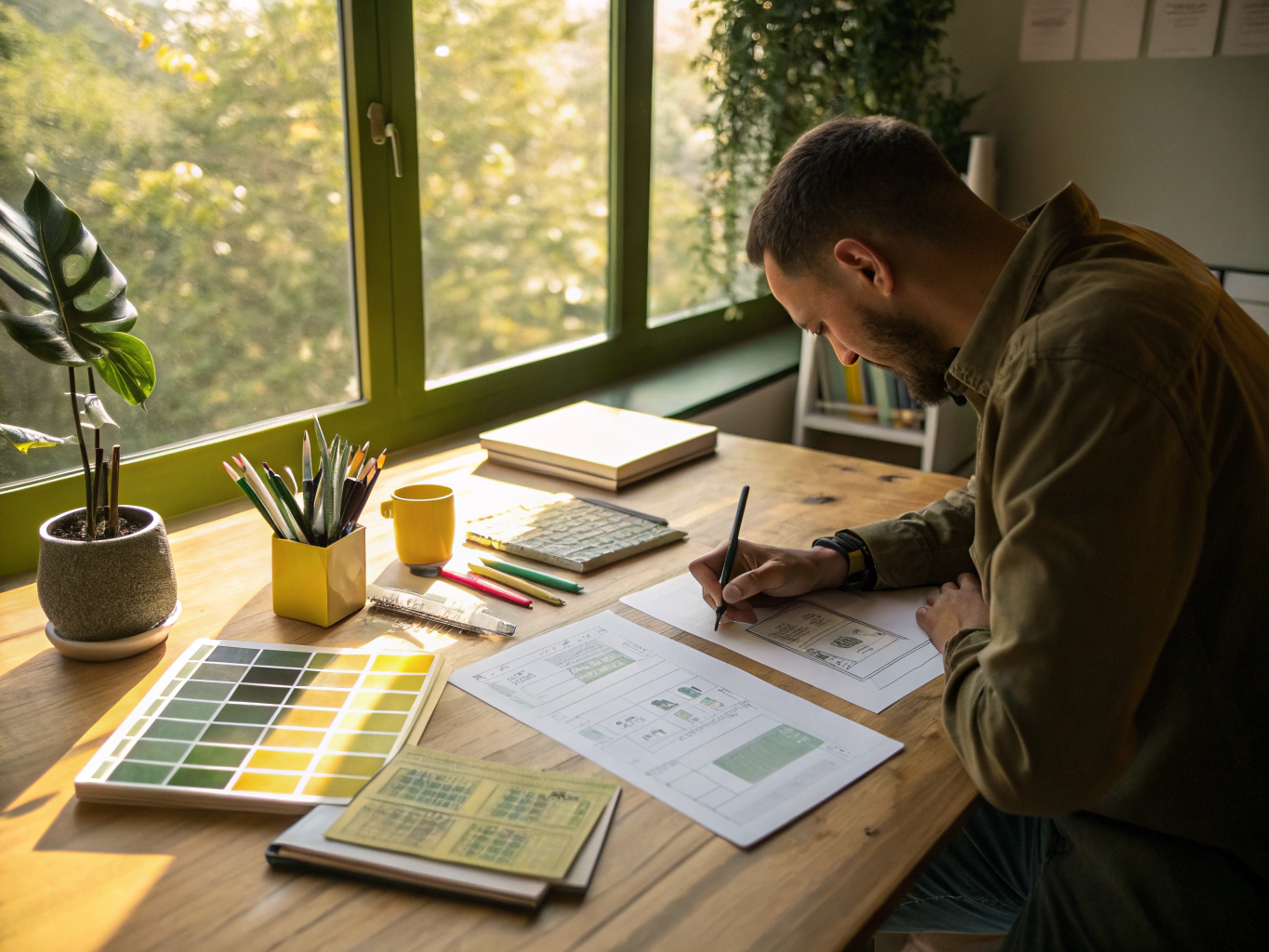 Designer sketching custom typography and color swatches on a creative drafting desk