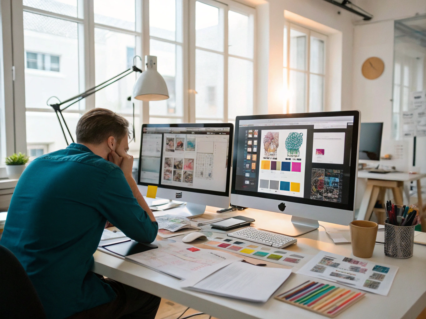 Designer working at a dual-monitor workstation with vector layouts