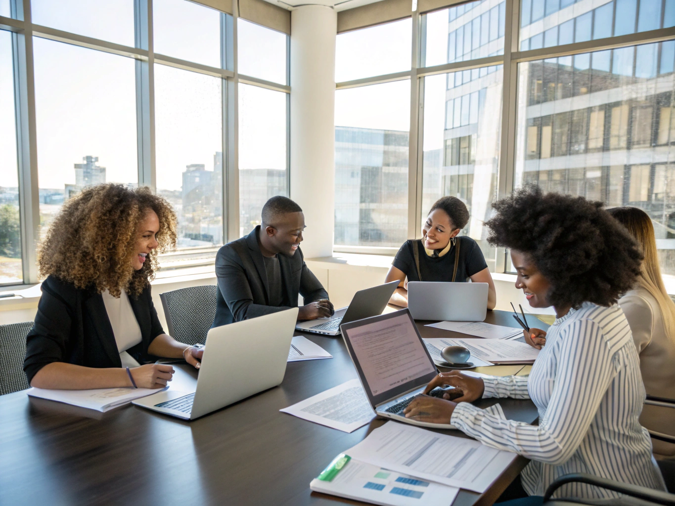 Business team in collaborative strategic discussion in a bright modern conference room