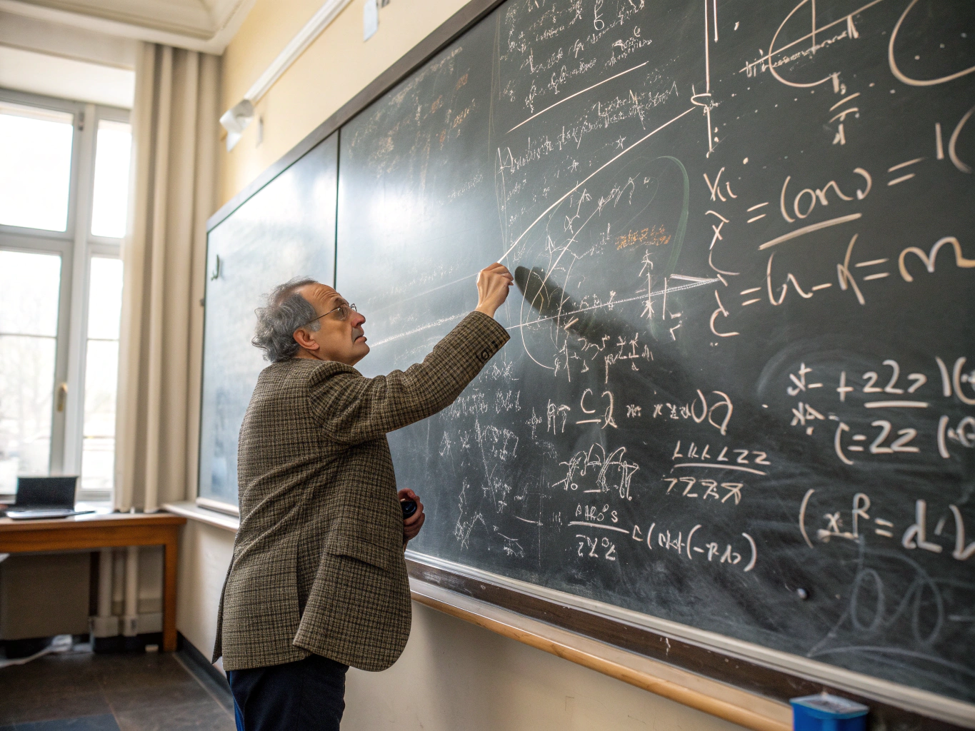 Mathematics instructor annotating complex calculus equations on a transparent glass board
