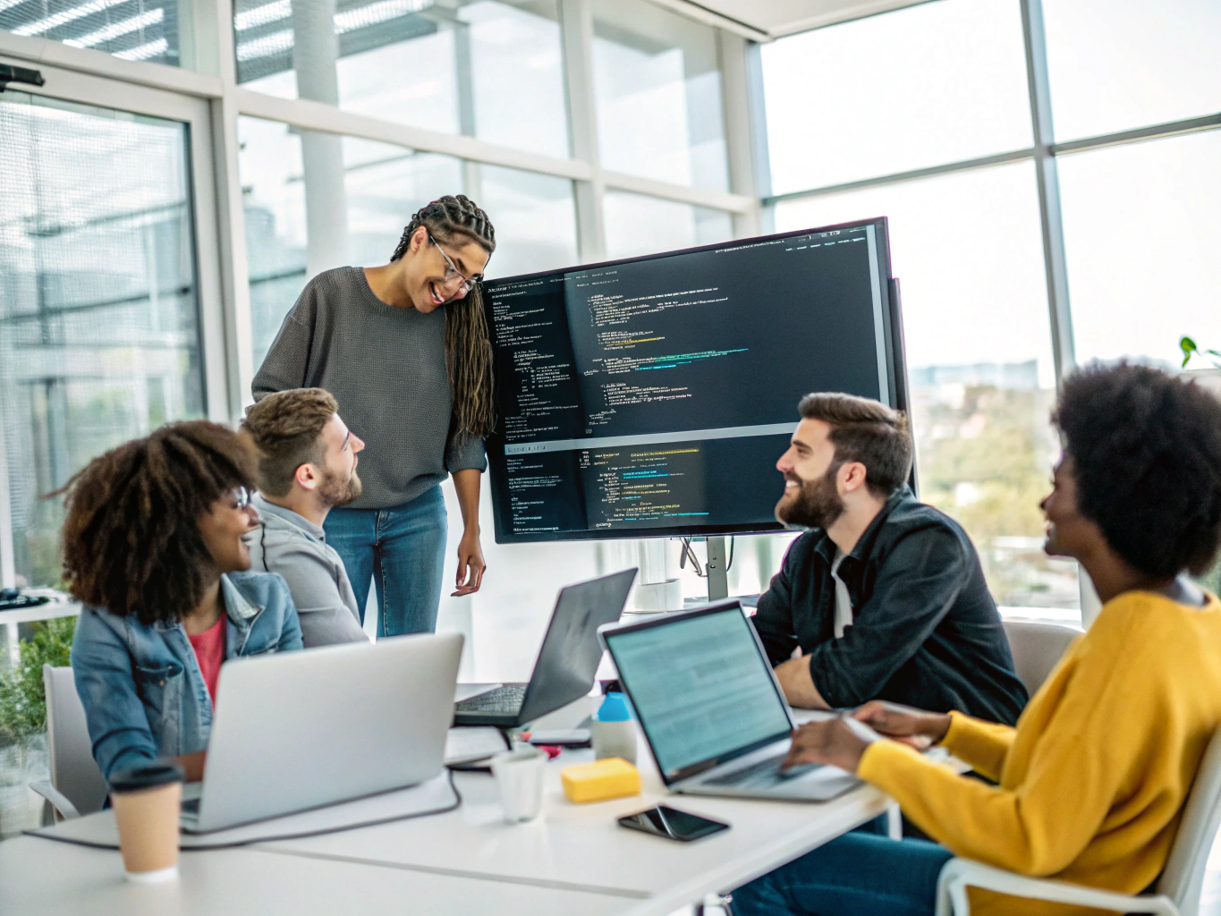 Coders collaborating during an intense live technology competition