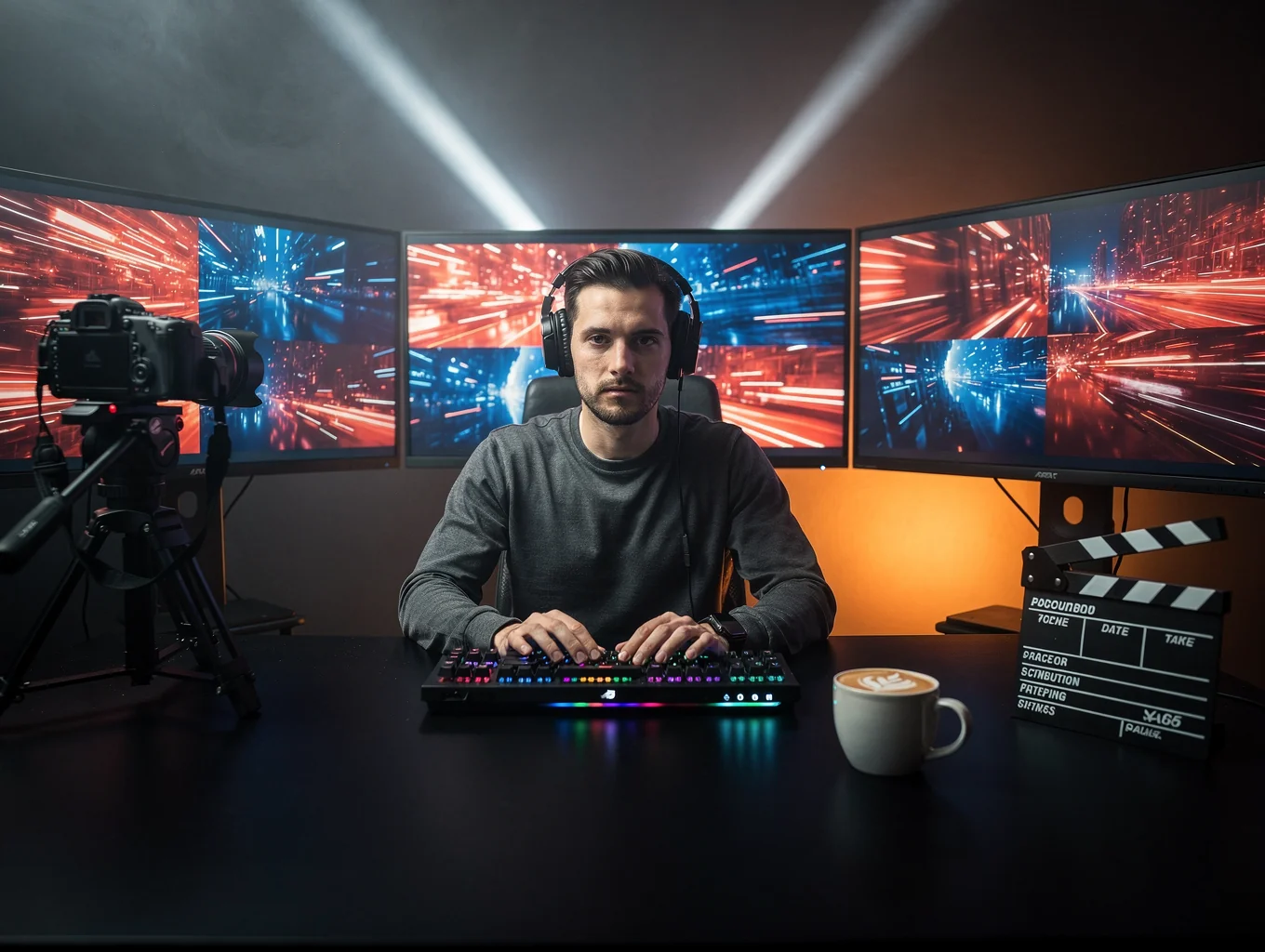 Professional digital creator producing high-end video edits in a studio