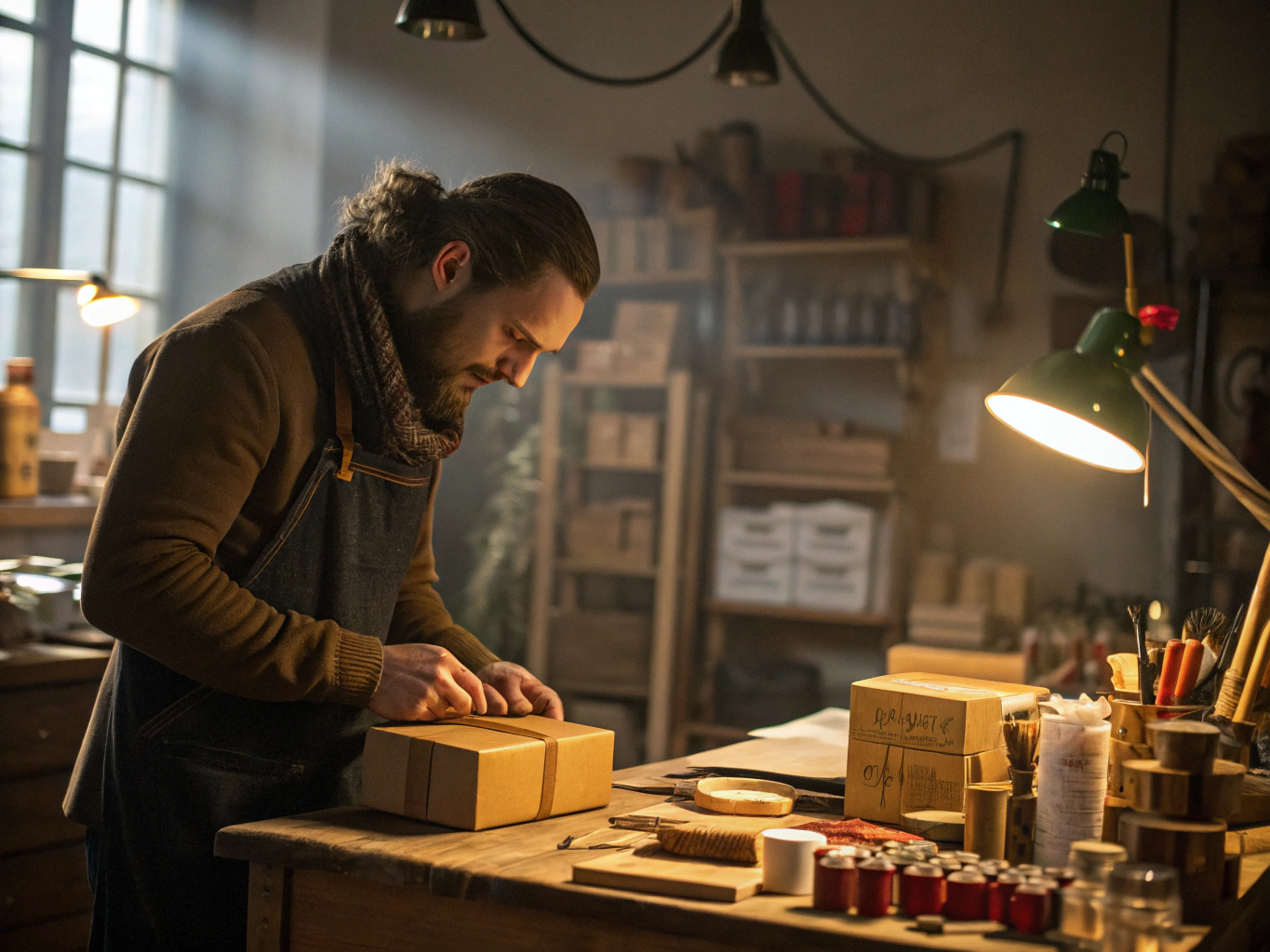 Maker carefully packaging custom artisan craft and goods