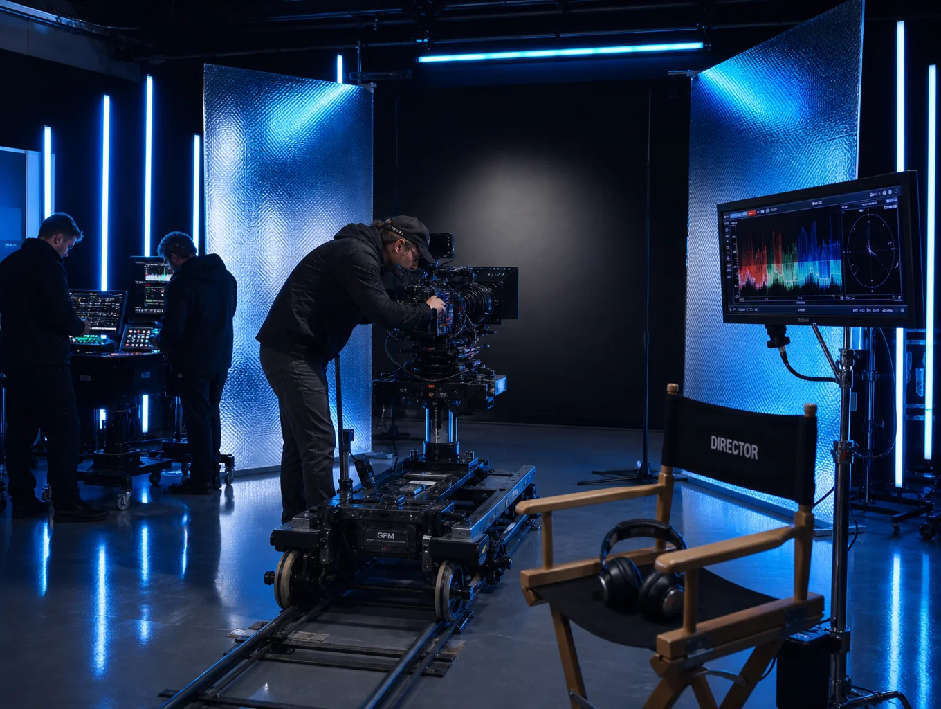 Video production crew setting up a motorized camera slider rig on set