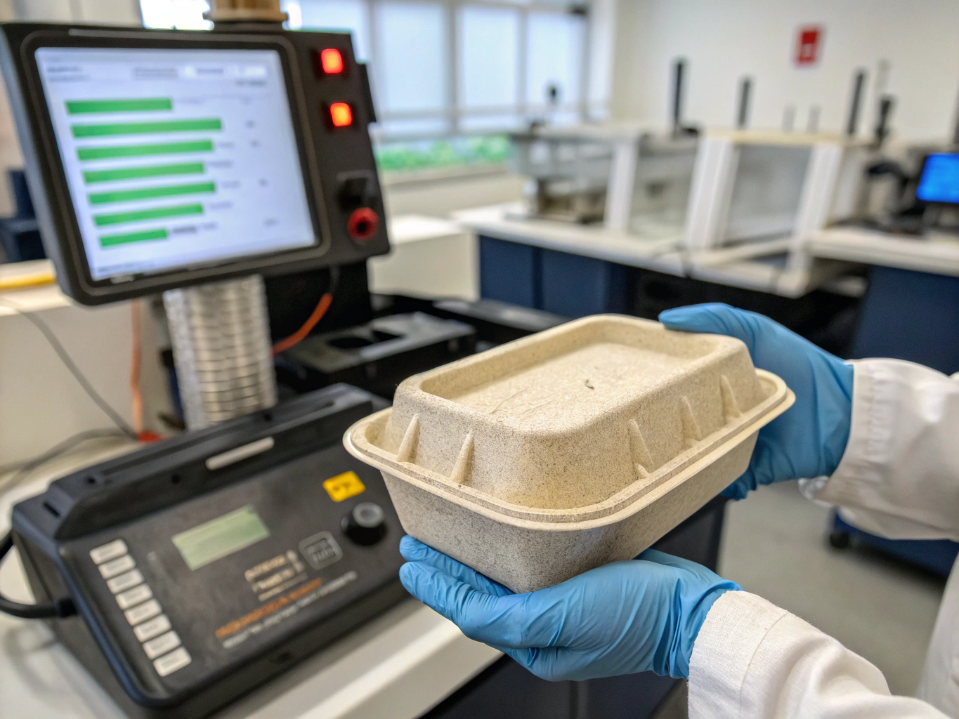 Sustainable packaging prototypes and biodegradable fibers on laboratory counter