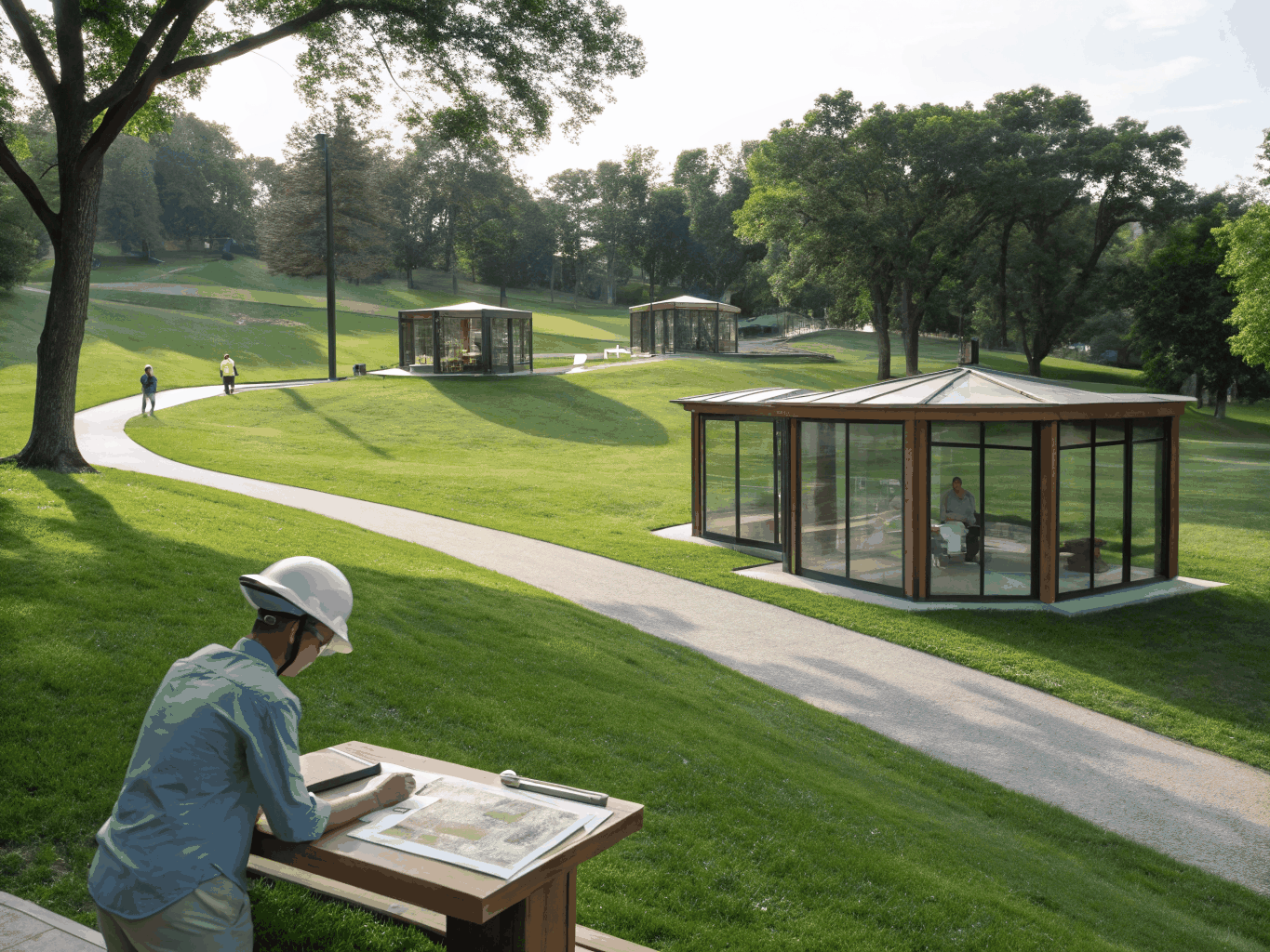 Architectural blueprint layout showing public shaded seating and park benches