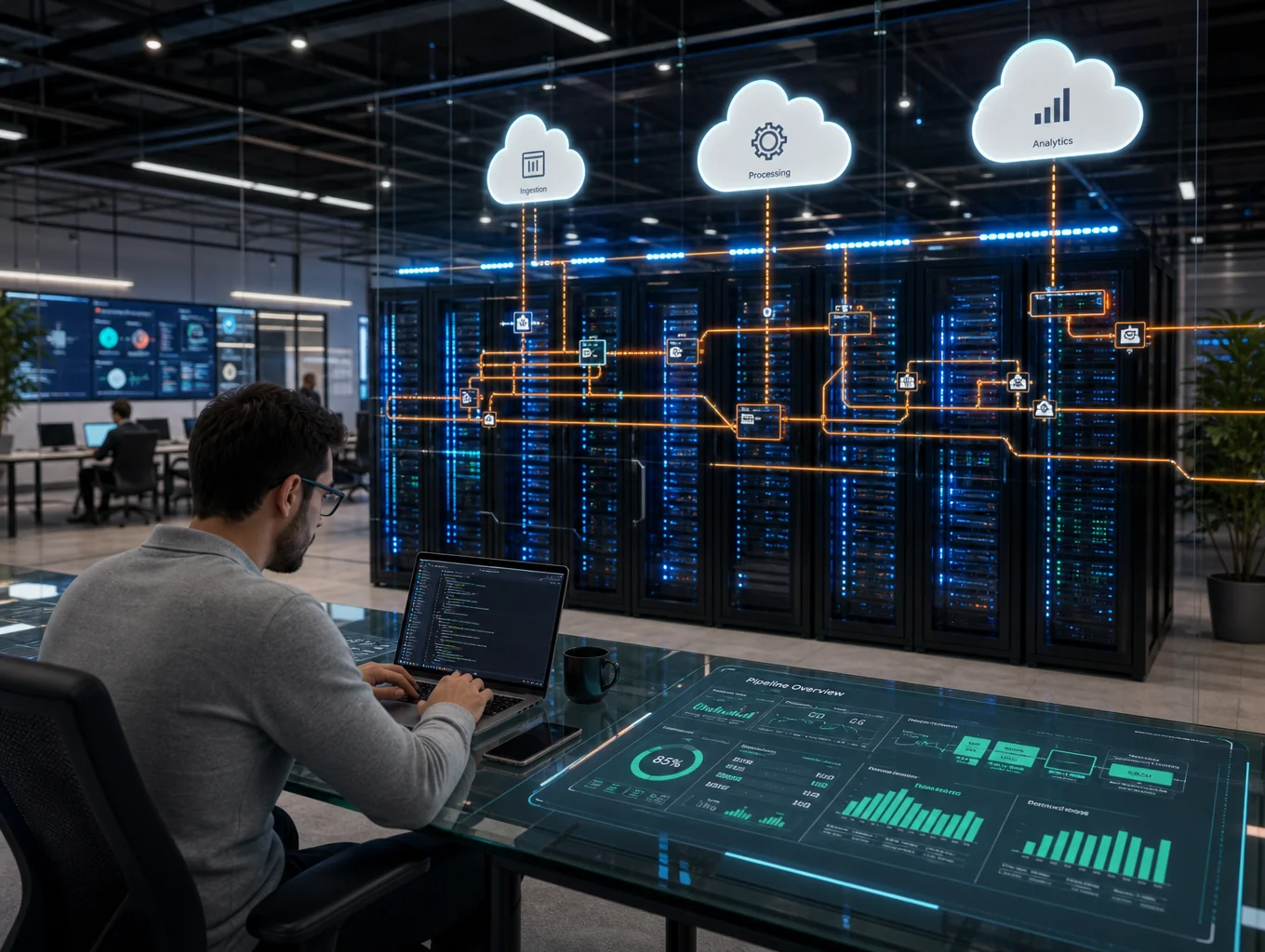 Engineer monitoring server terminal deployments across high-availability cloud architecture