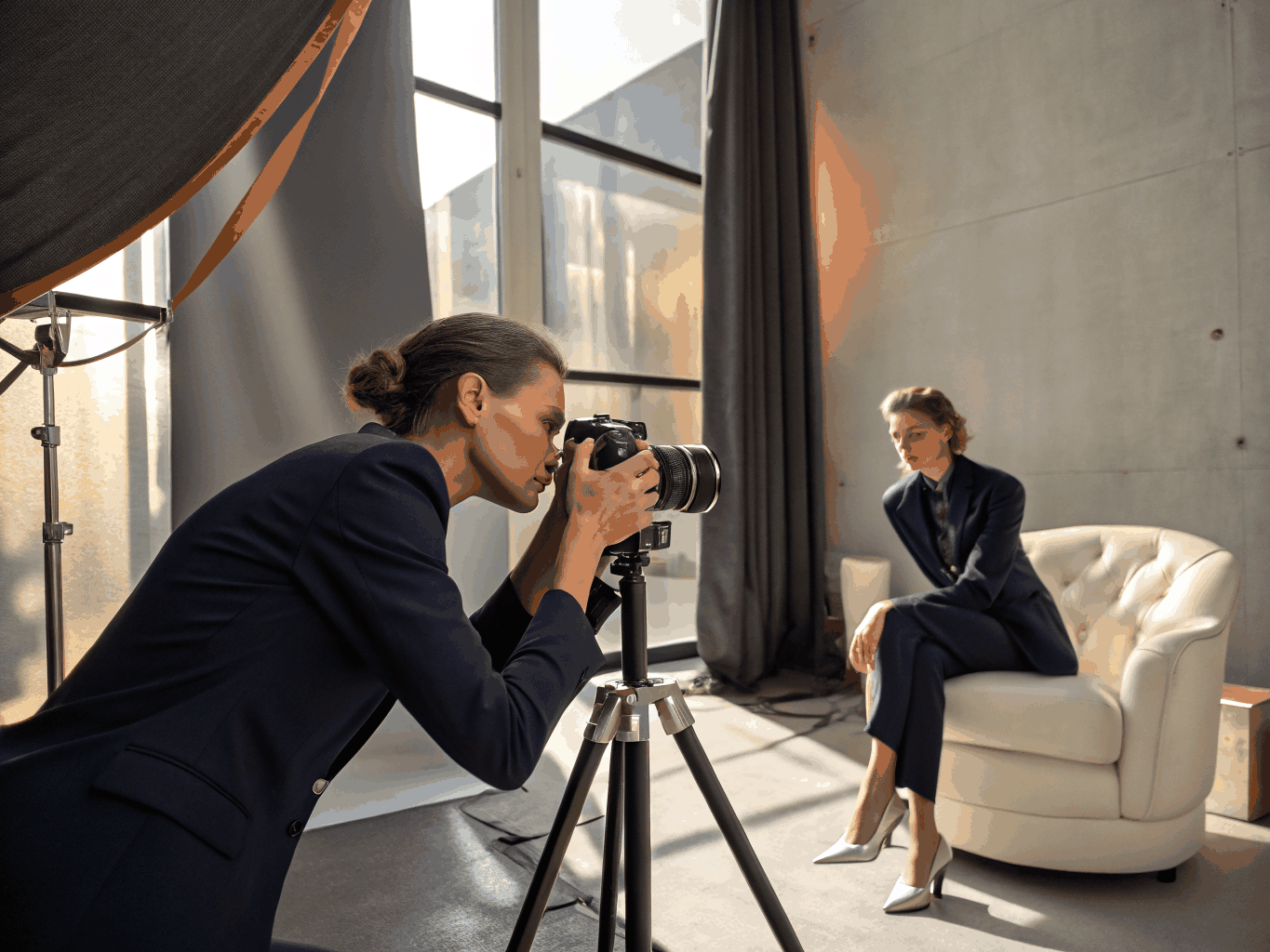 Photographer adjusting studio lighting during an active shoot