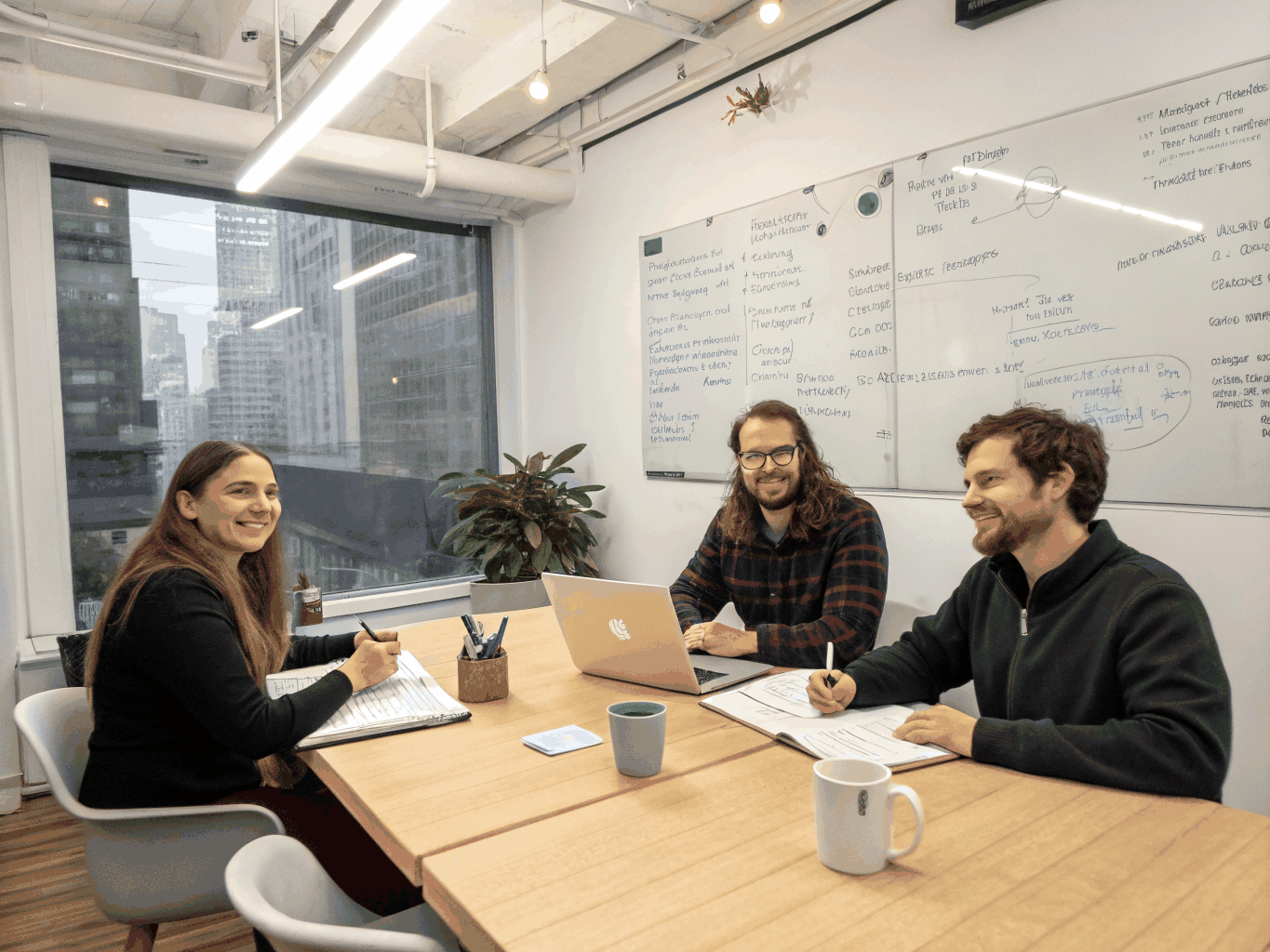 Founders actively brainstorming together around a whiteboard in a bright studio