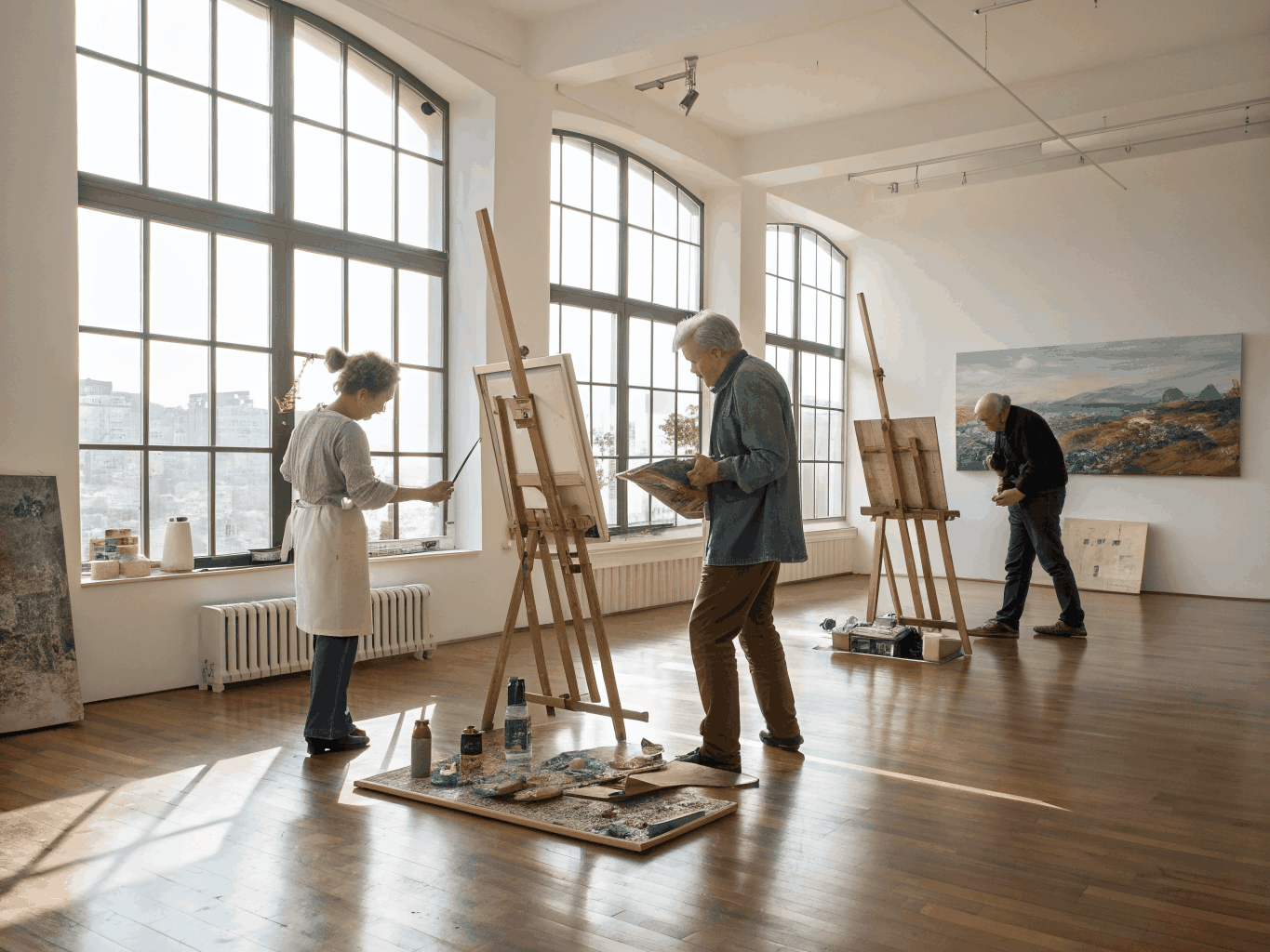 Artists painting and crafting on canvases in an open shared studio