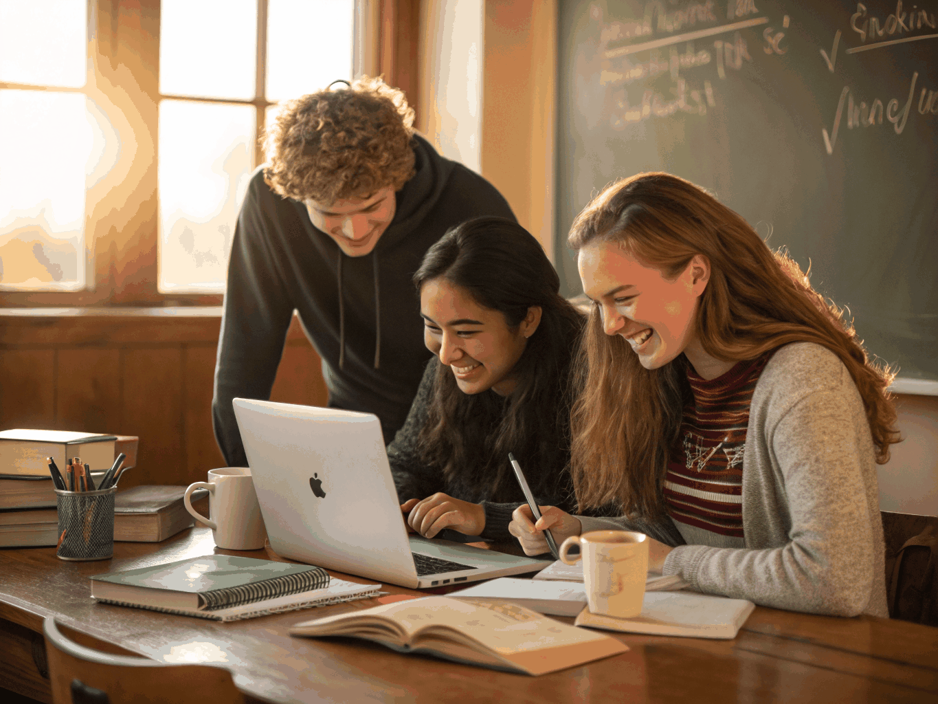 Focused students gathered around an open laptop in an academic space