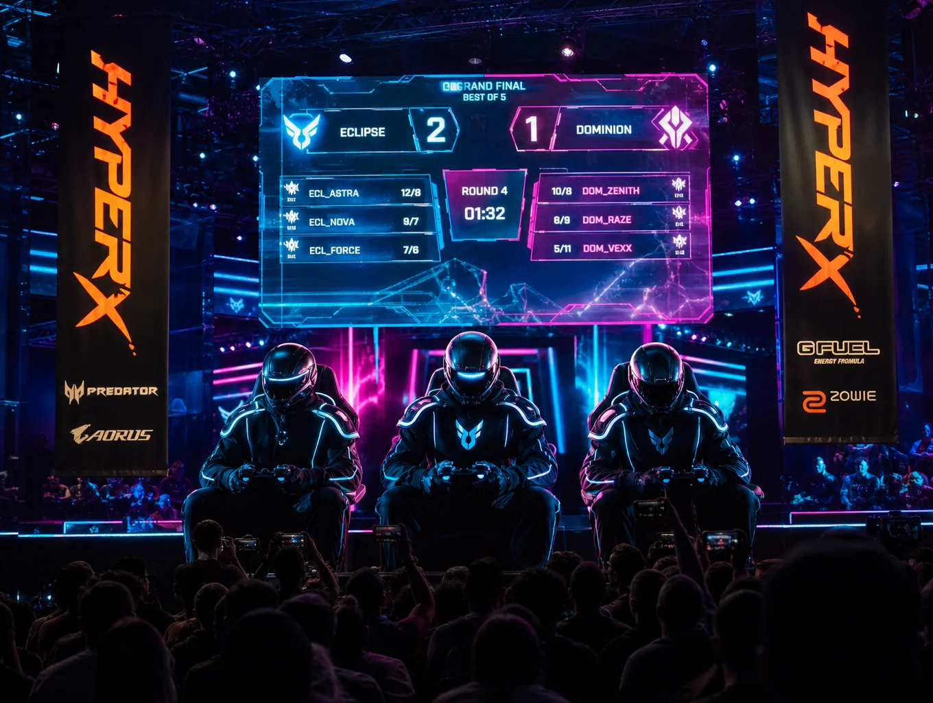 Esports teammates wearing headsets and cheering together during a tournament