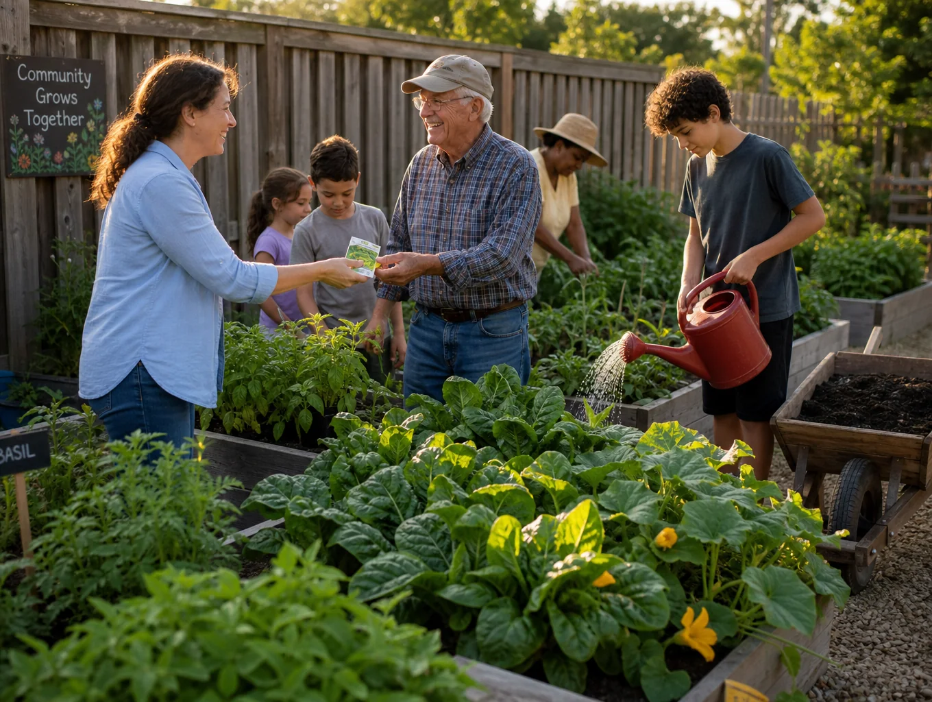 Community members harvesting fresh vegetables together in a neighborhood garden