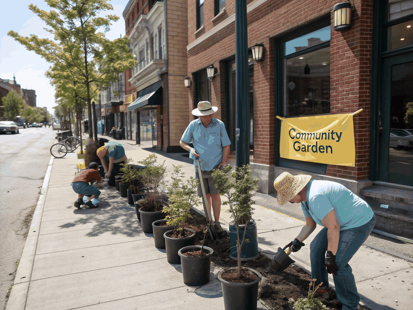 Neighbors working side by side planting trees along a community sidewalk