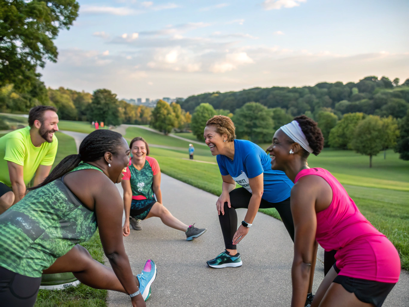 Amateur runners stretching together on an outdoor path at dusk