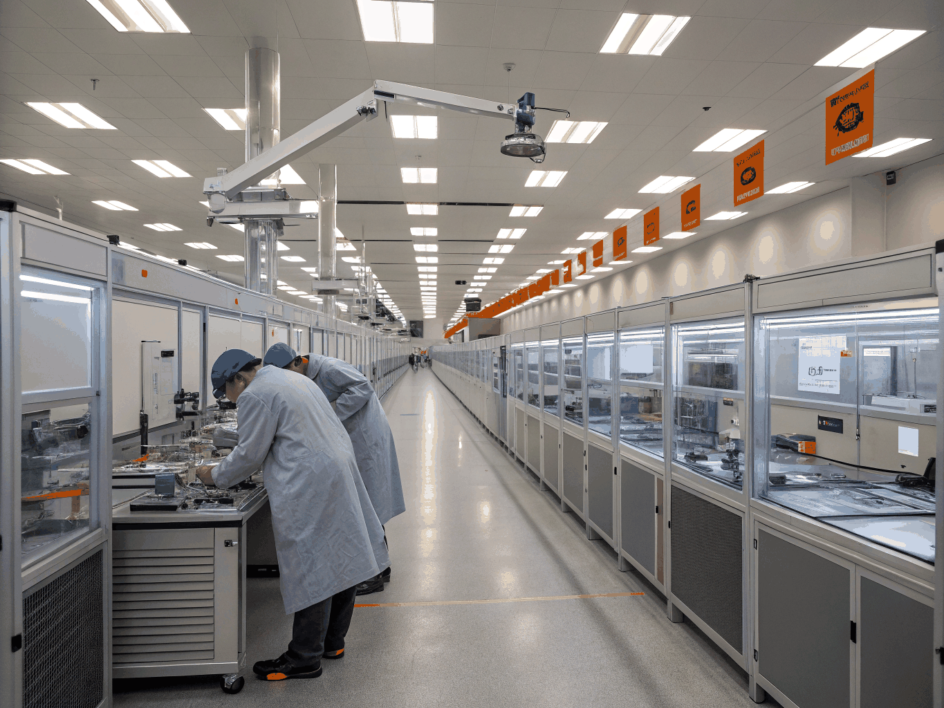 Engineers inspecting circuitry and hardware prototypes in a collaborative lab