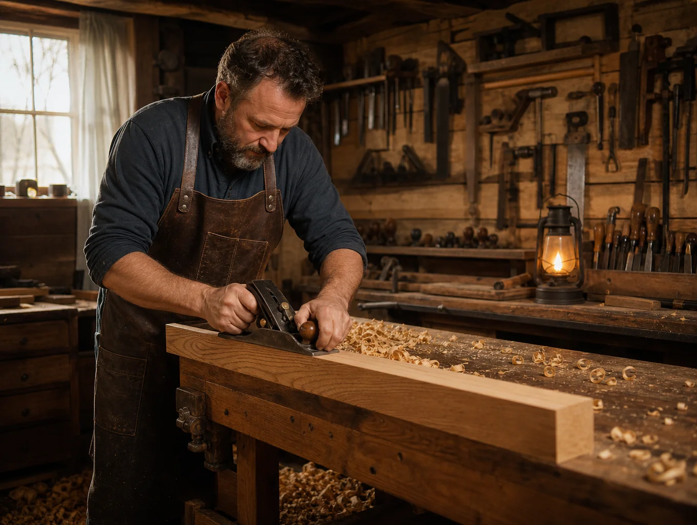 Woodworker planing custom timber with curled shavings across a workshop bench