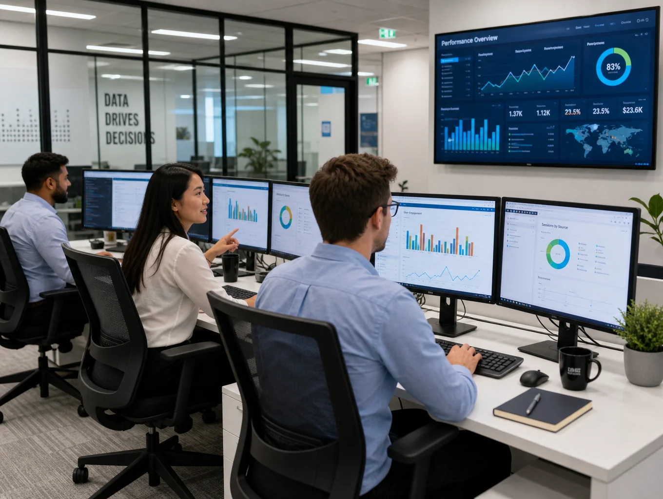 Data analysts examining algorithmic risk curves and financial trend lines