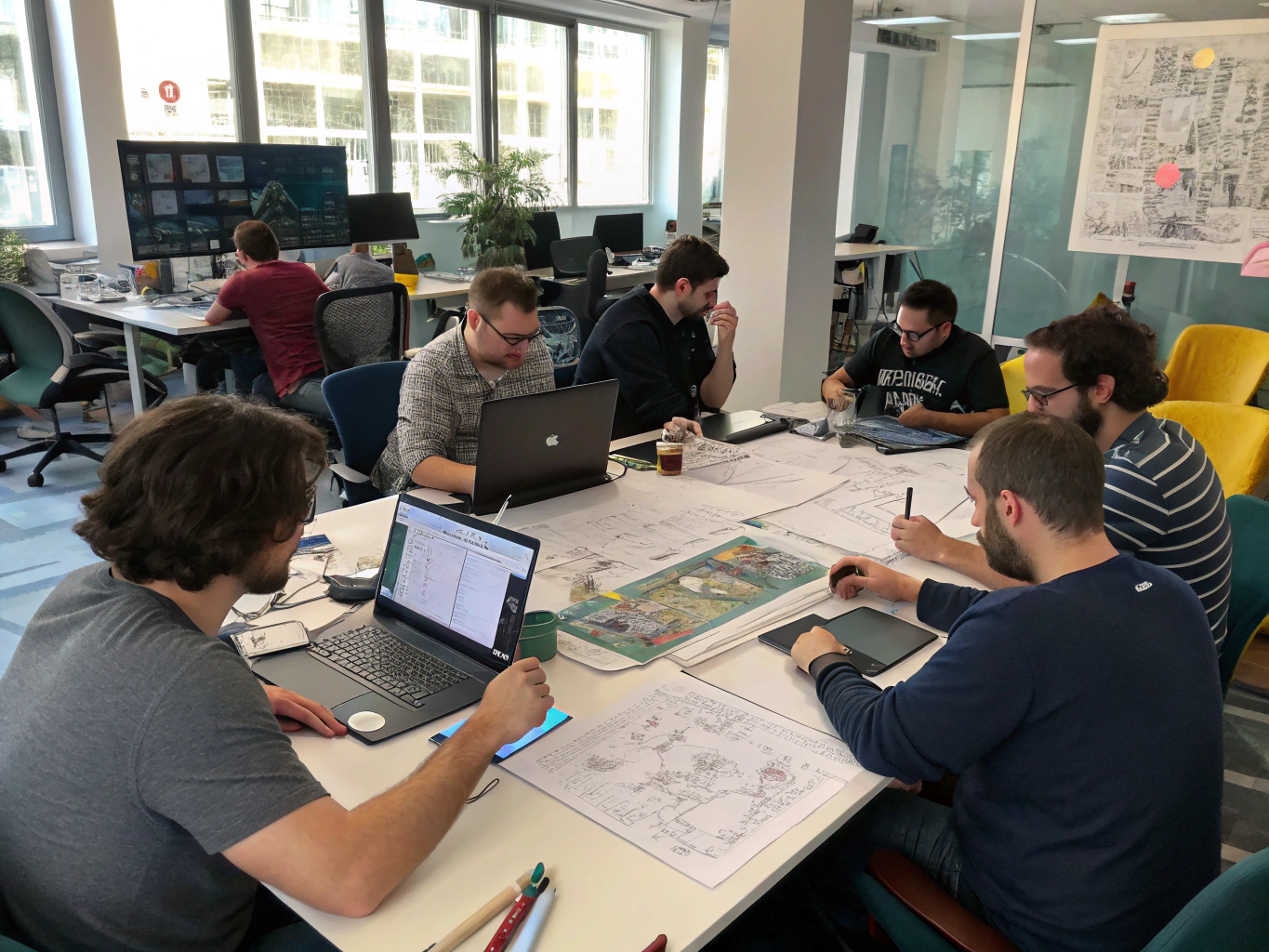 Game developer monitors showing 2D physics simulations and level geometry