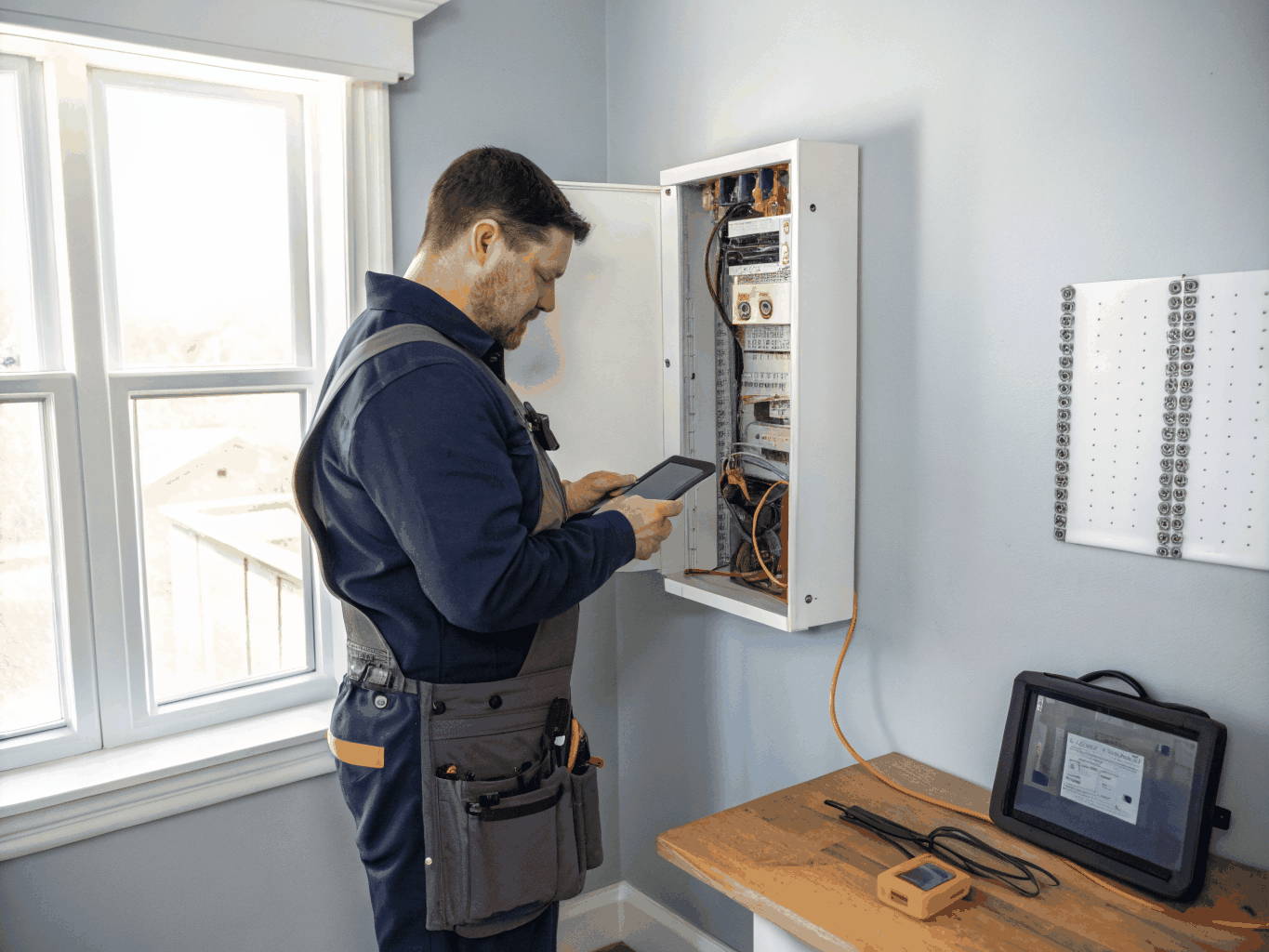 Licensed electrician testing circuits in a residential breaker cabinet with diagnostic tools
