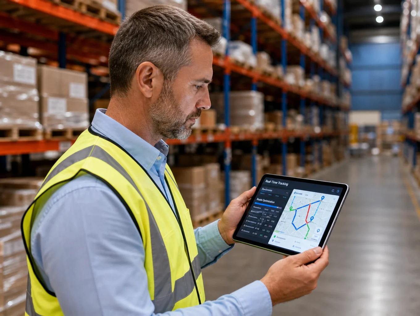 Operations consultant inspecting logistics schedules on a tablet inside a fulfillment hub