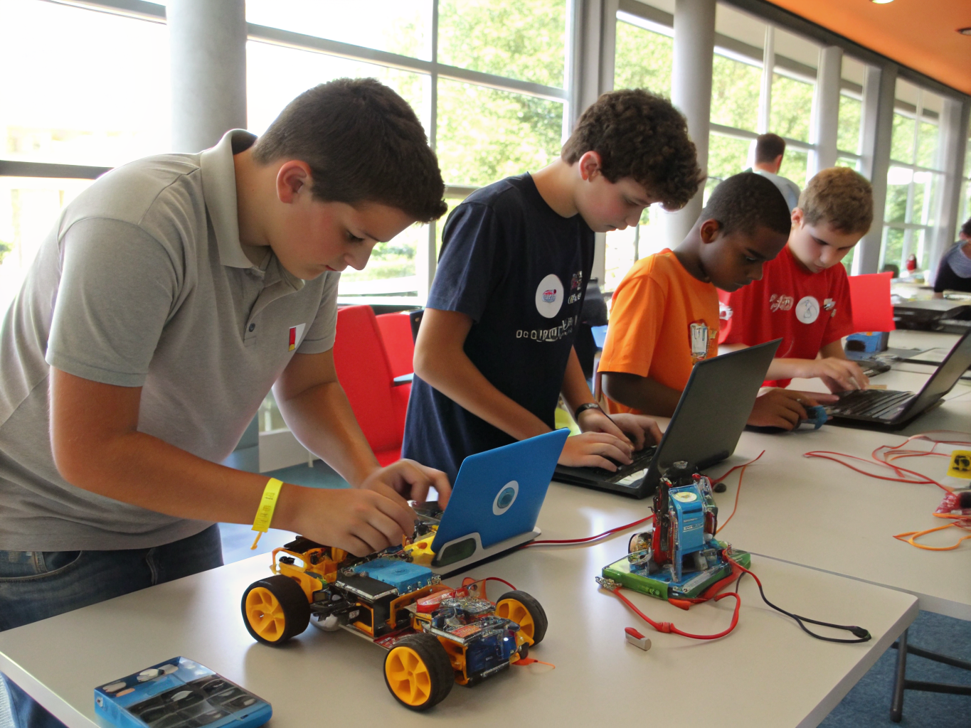 Young students assembling wheeled sensor kits around a classroom workbench
